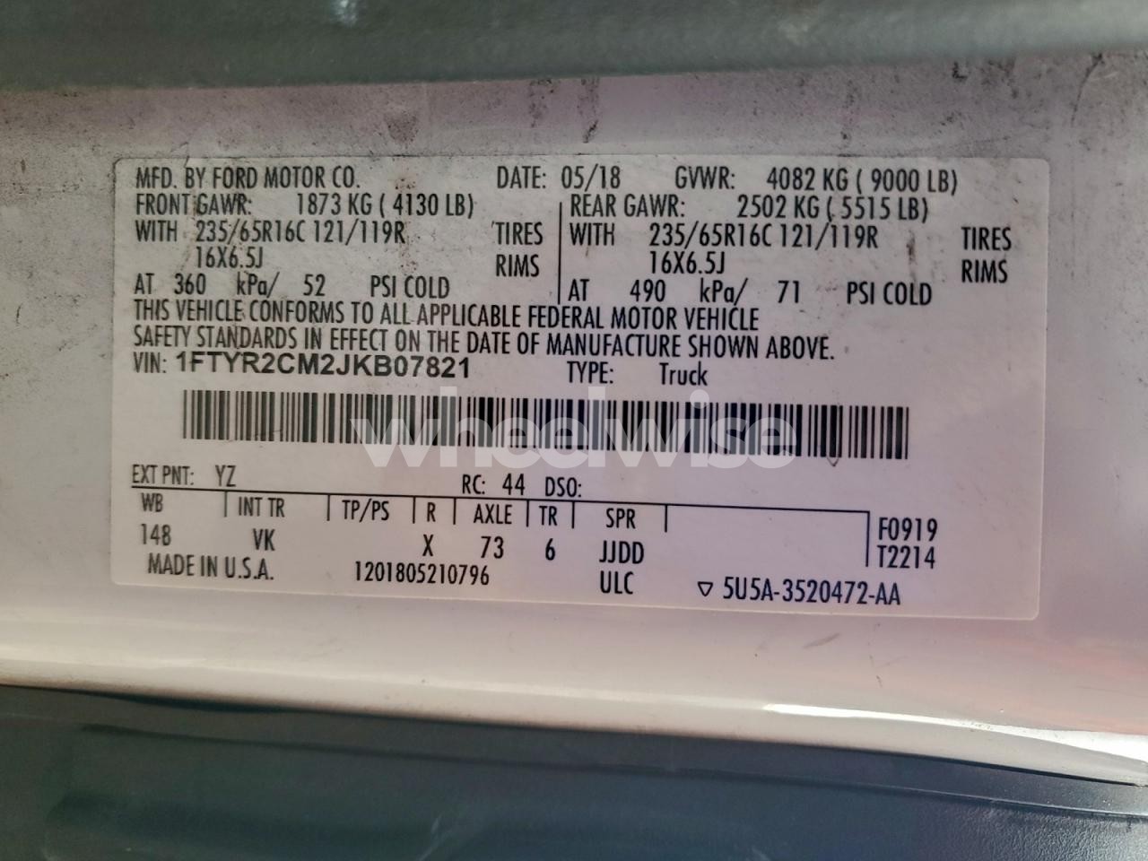 Photo 13 of 2018 FORD TRANSIT DELIVERY VAN (VIN 1FTYR2CM2JKB07821)