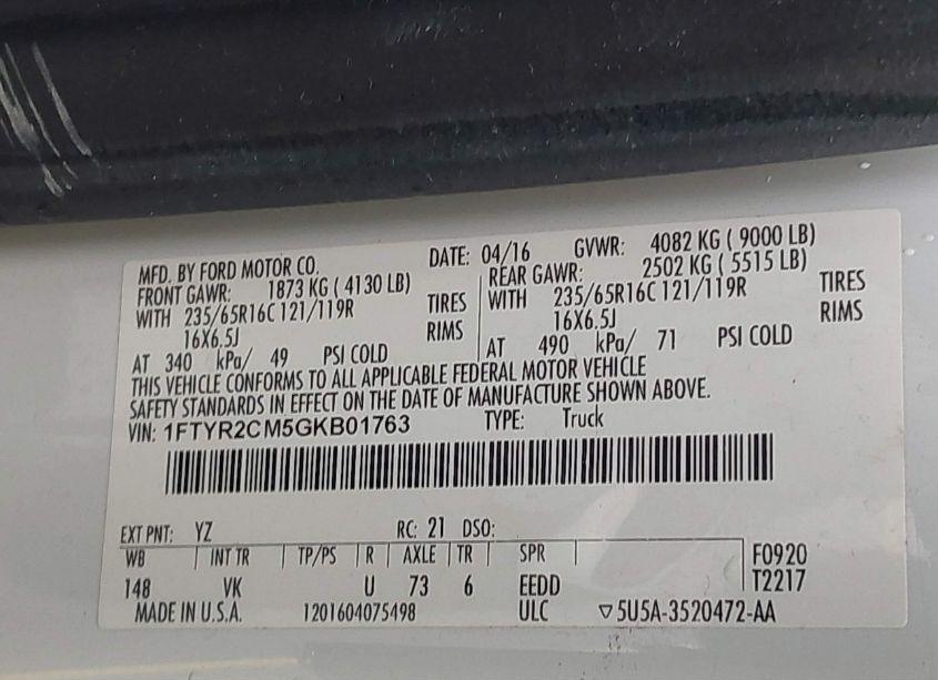 Photo 9 of 2016 Ford Transit-250 (VIN 1FTYR2CM5GKB01763)