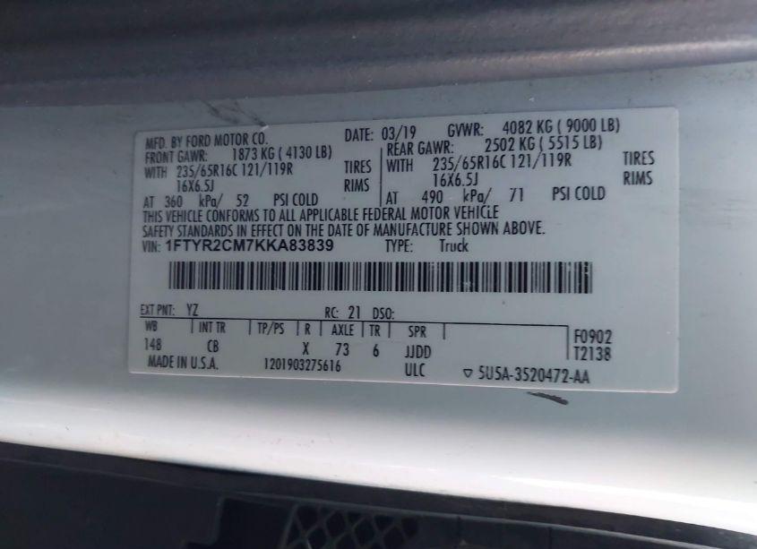 Photo 9 of 2019 Ford Transit-250 (VIN 1FTYR2CM7KKA83839)