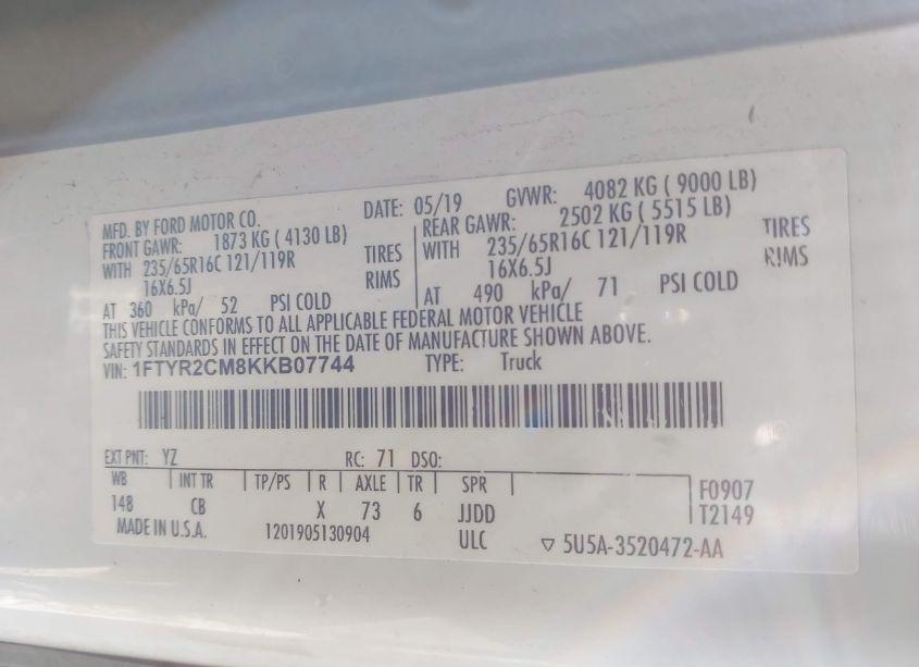 Photo 9 of 2019 Ford Transit-250 (VIN 1FTYR2CM8KKB07744)