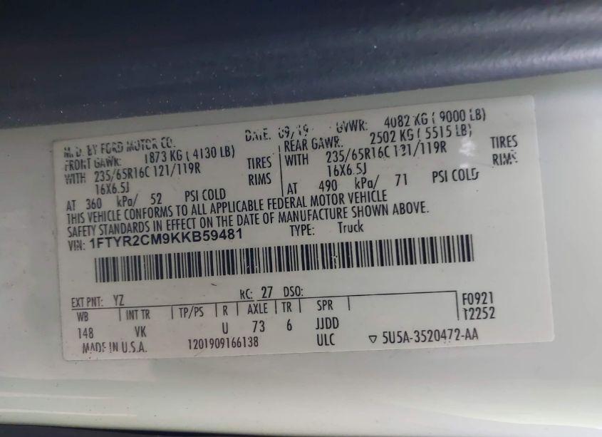 Photo 9 of 2019 Ford Transit-250 (VIN 1FTYR2CM9KKB59481)