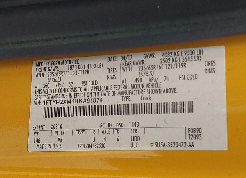 Photo 9 of 2017 Ford Transit-250 (VIN 1FTYR2XM1HKA91874)