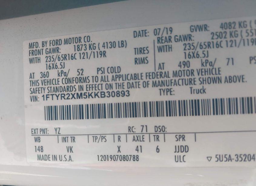 Photo 9 of 2019 Ford Transit-250 (VIN 1FTYR2XM5KKB30893)