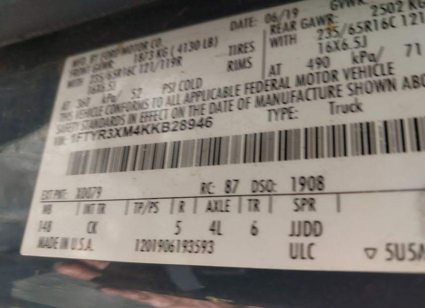 Photo 9 of 2019 Ford Transit-250 (VIN 1FTYR3XM4KKB28946)