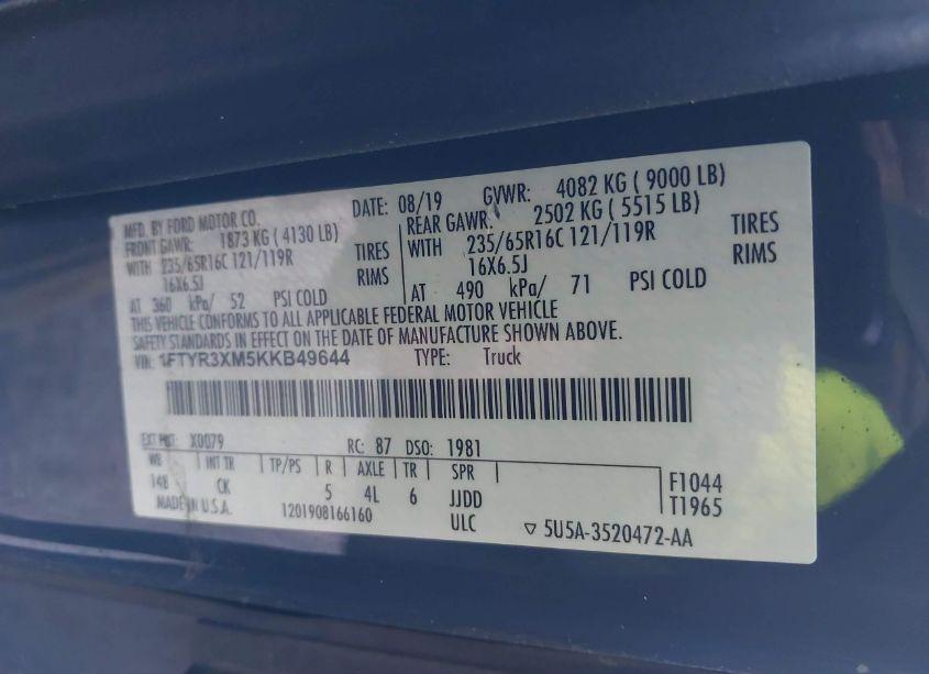 Photo 9 of 2019 Ford Transit-250 (VIN 1FTYR3XM5KKB49644)