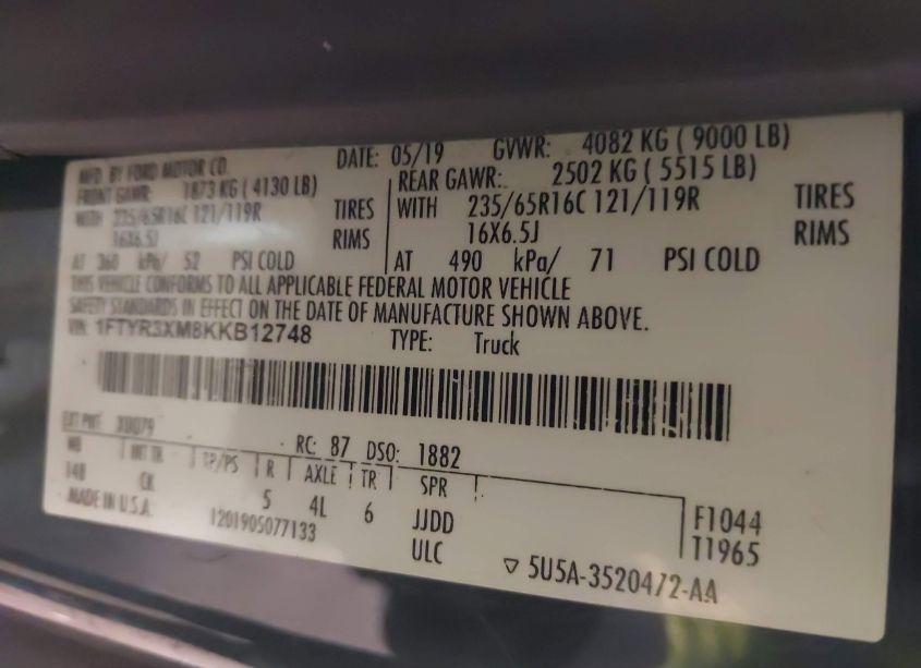 Photo 9 of 2019 Ford Transit-250 (VIN 1FTYR3XM8KKB12748)