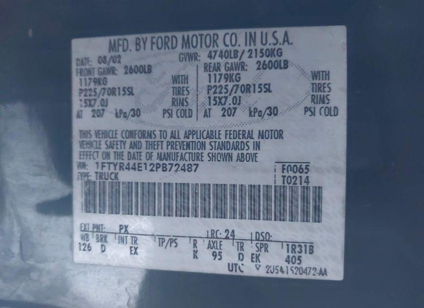 Photo 9 of 2002 Ford Ranger XLT (VIN 1FTYR44E12PB72487)