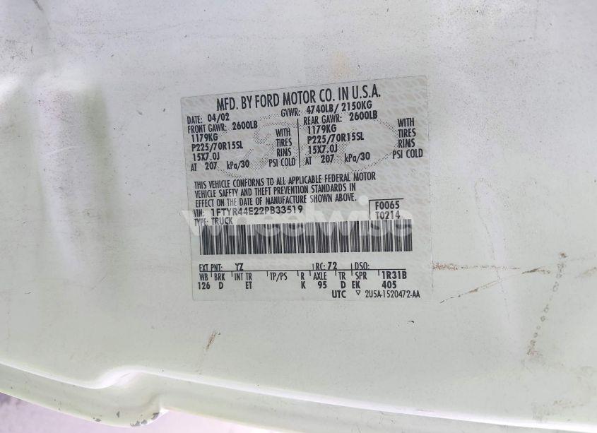 Photo 9 of 2002 Ford Ranger XLT (VIN 1FTYR44E22PB33519)