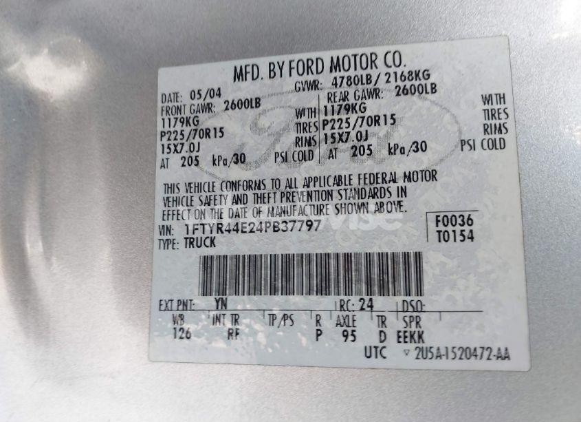 Photo 9 of 2004 Ford Ranger XLT (VIN 1FTYR44E24PB37797)