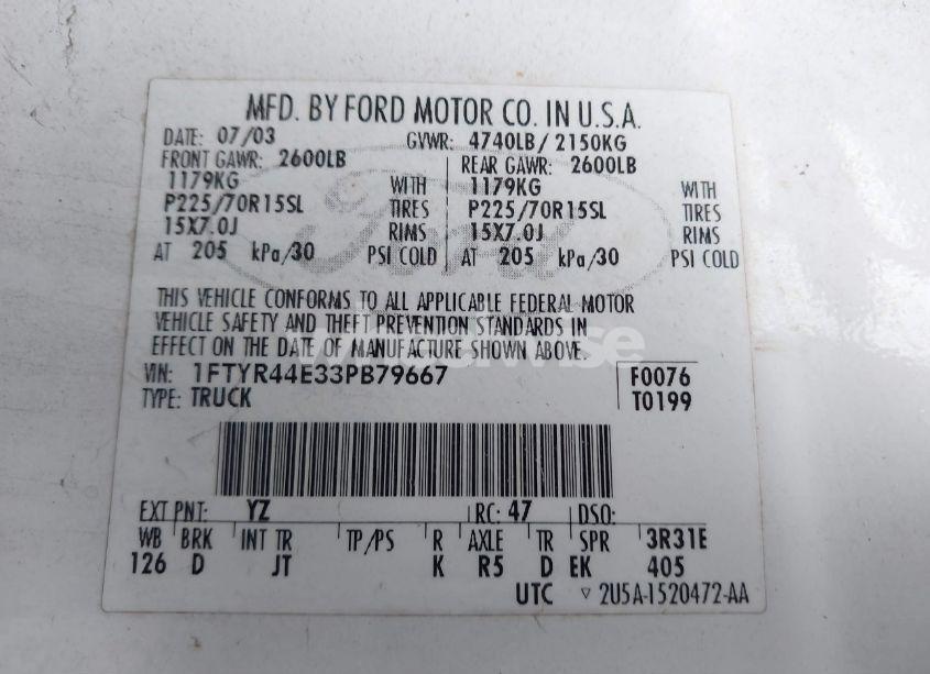 Photo 9 of 2003 Ford Ranger XLT (VIN 1FTYR44E33PB79667)
