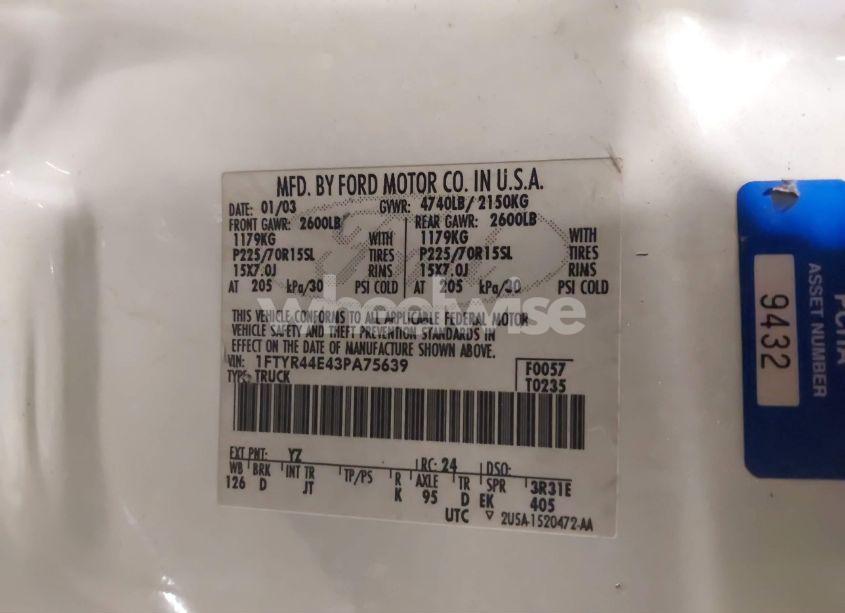 Photo 9 of 2003 Ford Ranger XLT (VIN 1FTYR44E43PA75639)