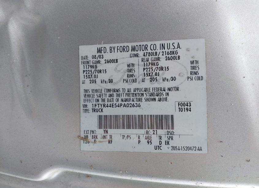 Photo 9 of 2004 Ford Ranger XLT (VIN 1FTYR44E54PA02636)