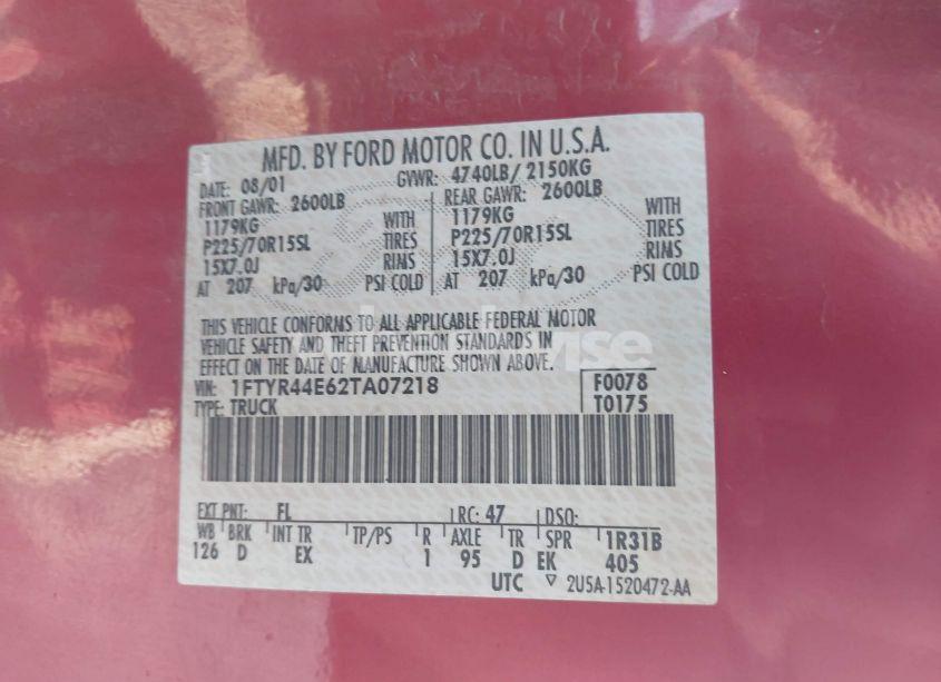 Photo 9 of 2002 Ford Ranger XLT (VIN 1FTYR44E62TA07218)