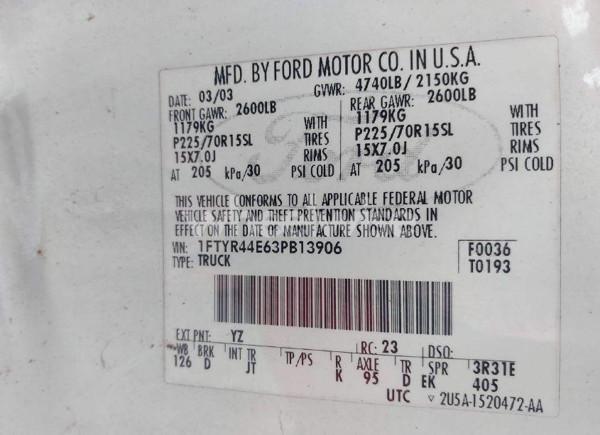 Photo 9 of 2003 Ford Ranger XLT (VIN 1FTYR44E63PB13906)