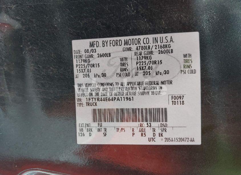 Photo 9 of 2004 Ford Ranger XLT (VIN 1FTYR44E64PA11961)