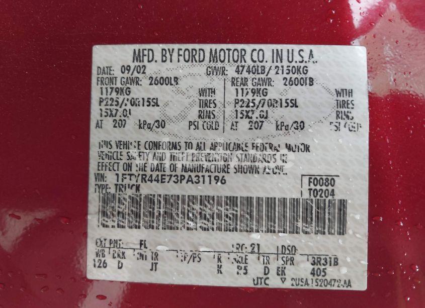 Photo 9 of 2003 Ford Ranger XLT (VIN 1FTYR44E73PA31196)