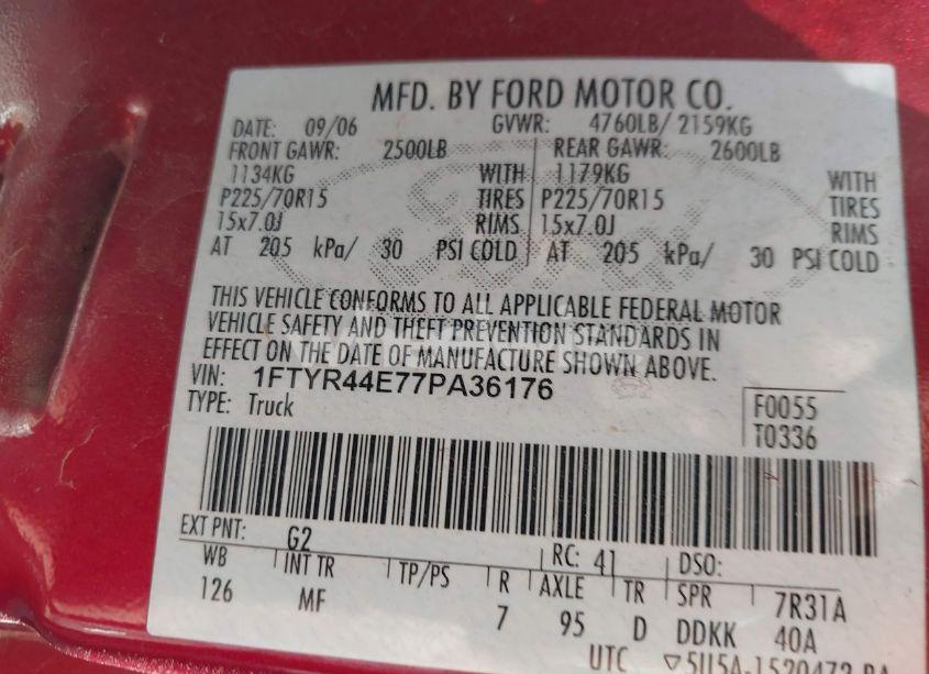 Photo 9 of 2007 Ford Ranger SPORT/STX/XLT (VIN 1FTYR44E77PA36176)