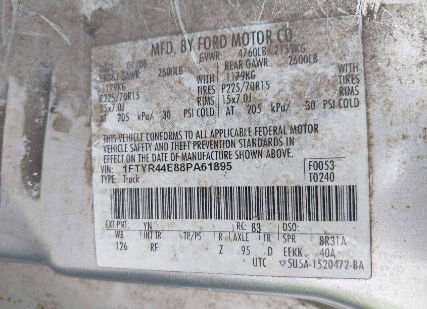 Photo 9 of 2008 Ford Ranger SPORT/XLT (VIN 1FTYR44E88PA61895)