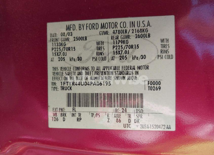 Photo 9 of 2004 Ford Ranger EDGE/TREMOR/XLT (VIN 1FTYR44U04PA06195)