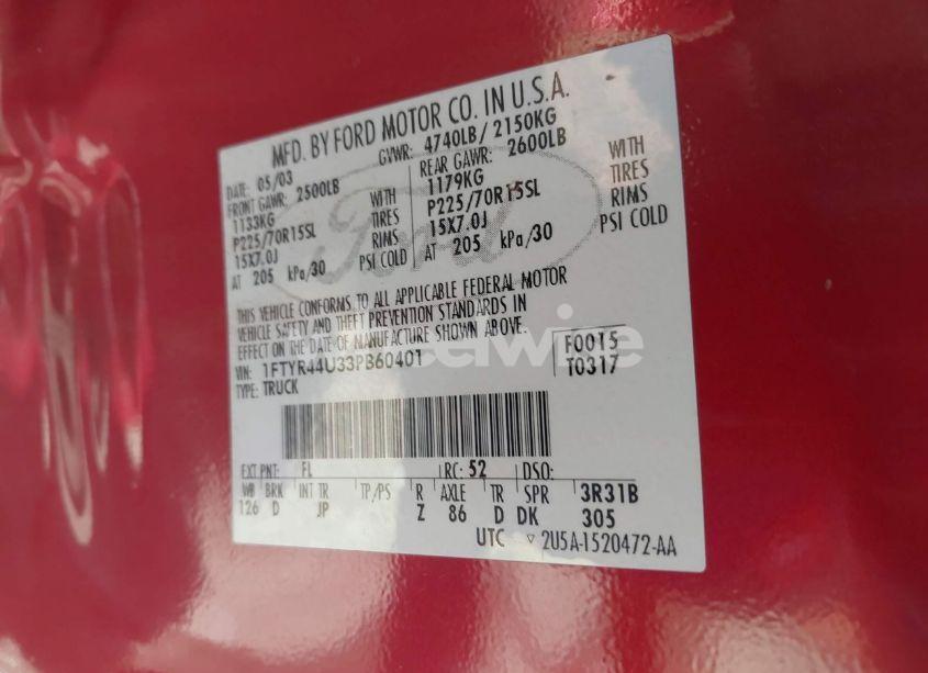 Photo 9 of 2003 Ford Ranger EDGE/TREMOR/XLT (VIN 1FTYR44U33PB60401)