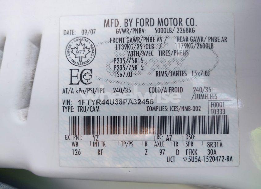 Photo 9 of 2008 Ford Ranger SPORT/XLT (VIN 1FTYR44U38PA32456)