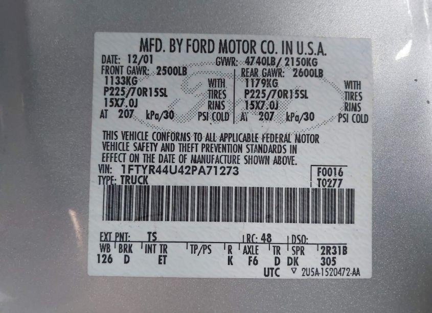 Photo 9 of 2002 Ford Ranger EDGE/TREMOR/XLT (VIN 1FTYR44U42PA71273)