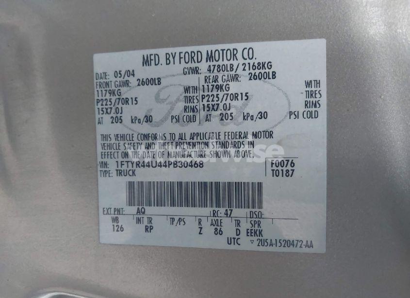 Photo 9 of 2004 Ford Ranger EDGE/TREMOR/XLT (VIN 1FTYR44U44PB30468)
