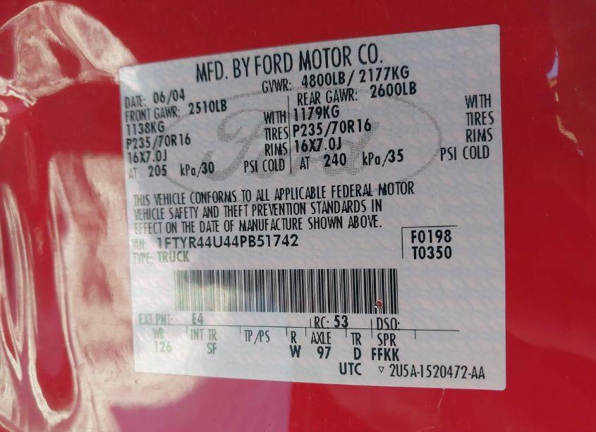 Photo 9 of 2004 Ford Ranger EDGE/TREMOR/XLT (VIN 1FTYR44U44PB51742)