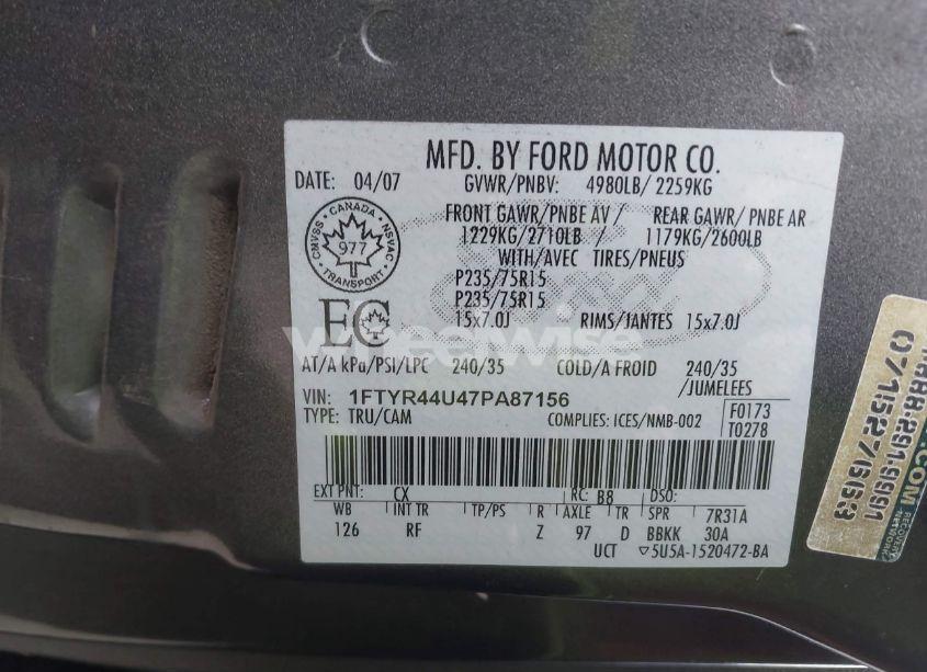 Photo 9 of 2007 Ford Ranger SPORT/STX/XLT (VIN 1FTYR44U47PA87156)