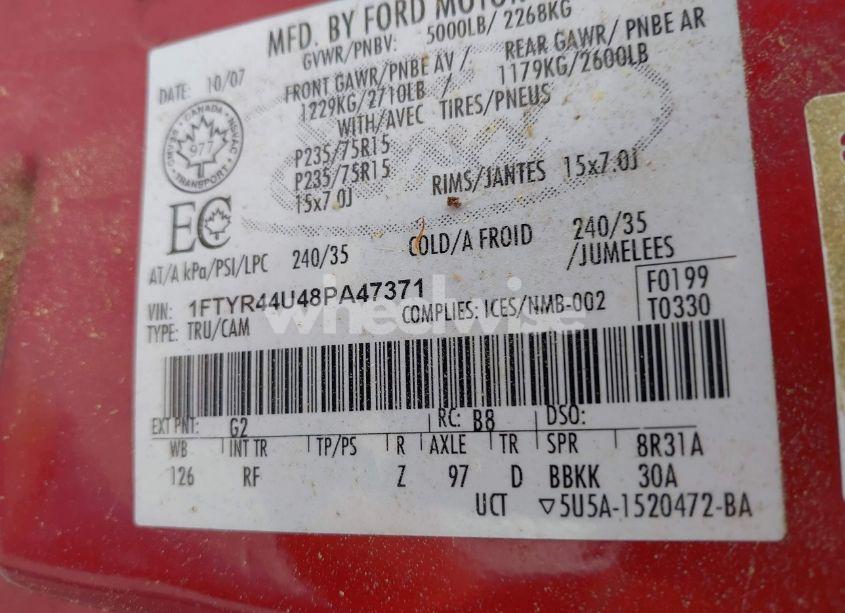 Photo 9 of 2008 Ford Ranger SPORT/XLT (VIN 1FTYR44U48PA47371)