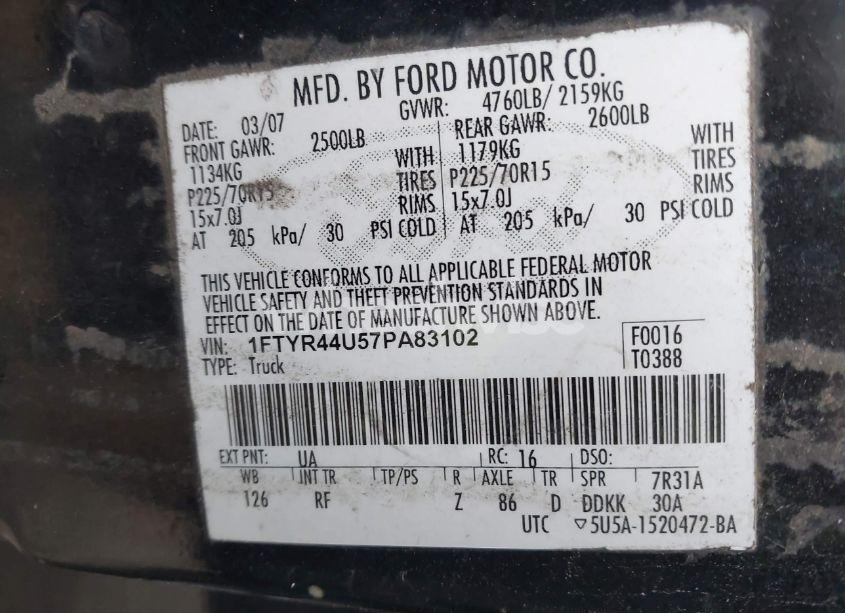 Photo 9 of 2007 Ford Ranger SPORT/STX/XLT (VIN 1FTYR44U57PA83102)