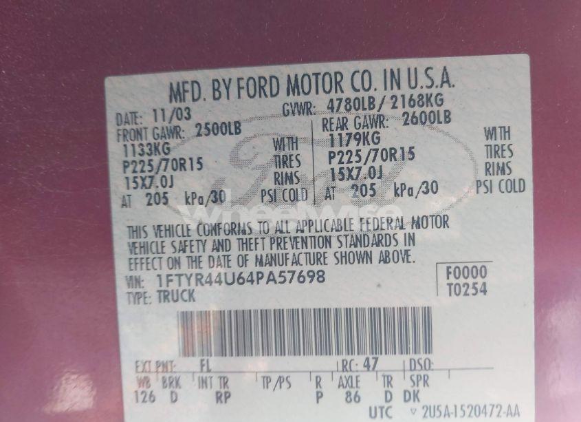 Photo 9 of 2004 Ford Ranger EDGE/TREMOR/XLT (VIN 1FTYR44U64PA57698)