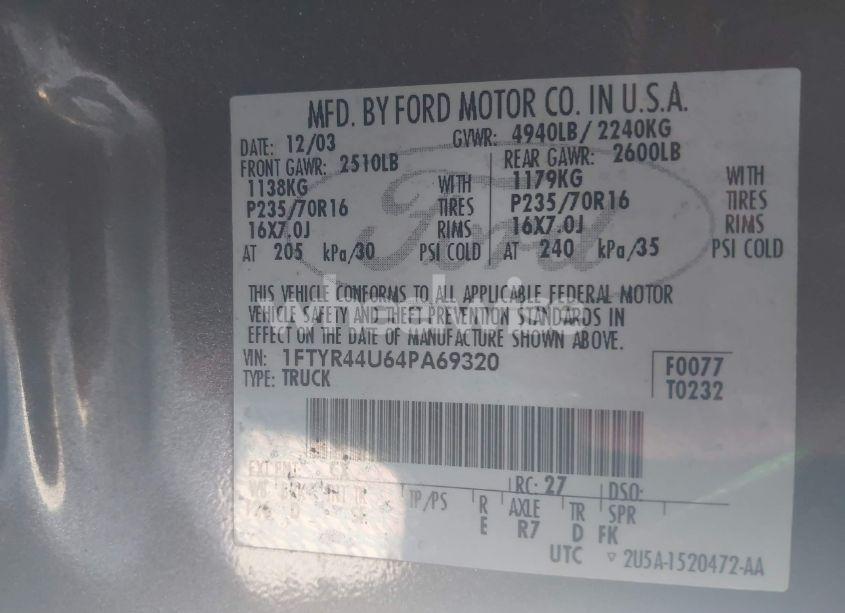 Photo 9 of 2004 Ford Ranger EDGE/TREMOR/XLT (VIN 1FTYR44U64PA69320)