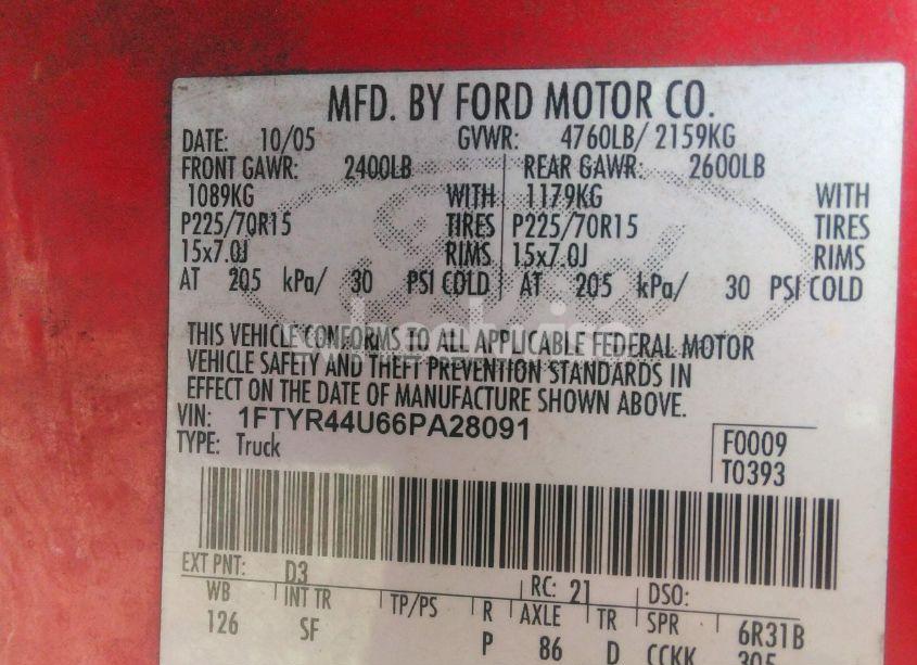 Photo 9 of 2006 Ford Ranger SPORT/STX/XLT (VIN 1FTYR44U66PA28091)