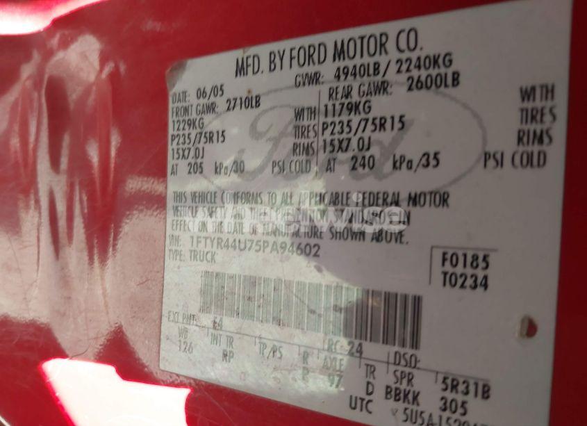 Photo 9 of 2005 Ford Ranger EDGE/STX/XLT (VIN 1FTYR44U75PA94602)