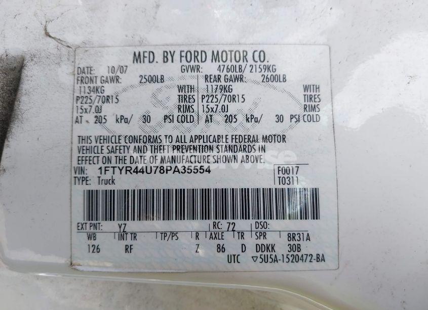 Photo 9 of 2008 Ford Ranger SPORT/XLT (VIN 1FTYR44U78PA35554)