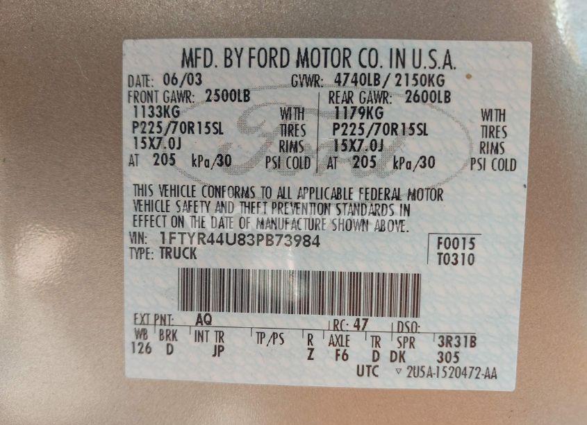 Photo 9 of 2003 Ford Ranger EDGE/TREMOR/XLT (VIN 1FTYR44U83PB73984)