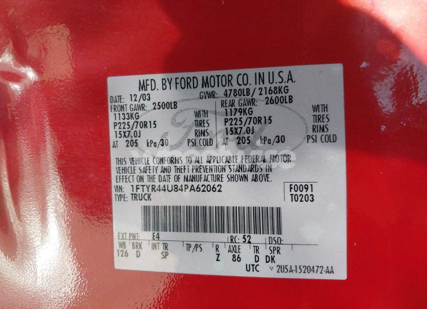 Photo 9 of 2004 Ford Ranger EDGE/TREMOR/XLT (VIN 1FTYR44U84PA62062)