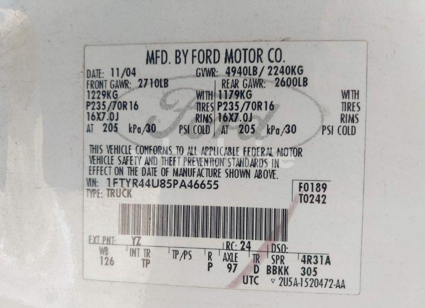 Photo 9 of 2005 Ford Ranger EDGE/STX/XLT (VIN 1FTYR44U85PA46655)