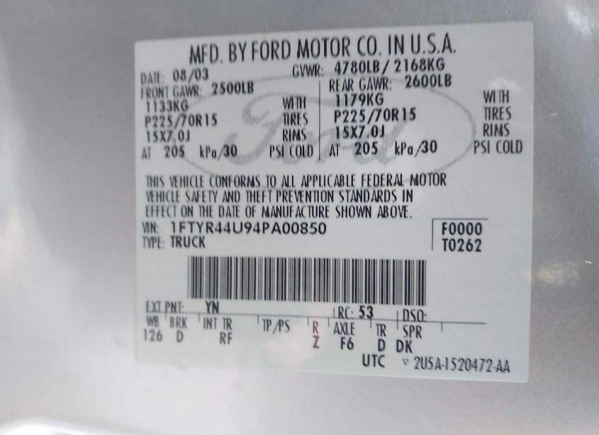 Photo 9 of 2004 Ford Ranger EDGE/TREMOR/XLT (VIN 1FTYR44U94PA00850)