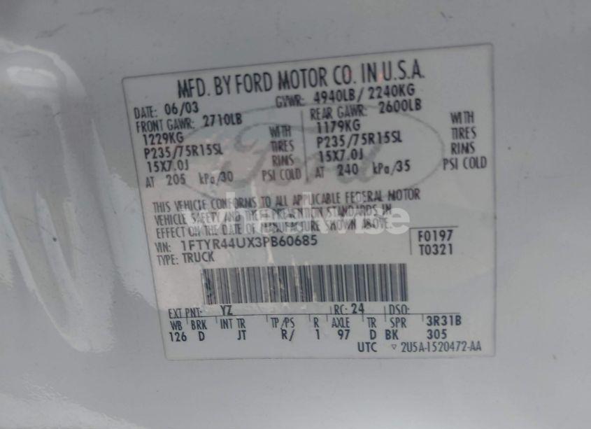 Photo 9 of 2003 Ford Ranger EDGE/TREMOR/XLT (VIN 1FTYR44UX3PB60685)