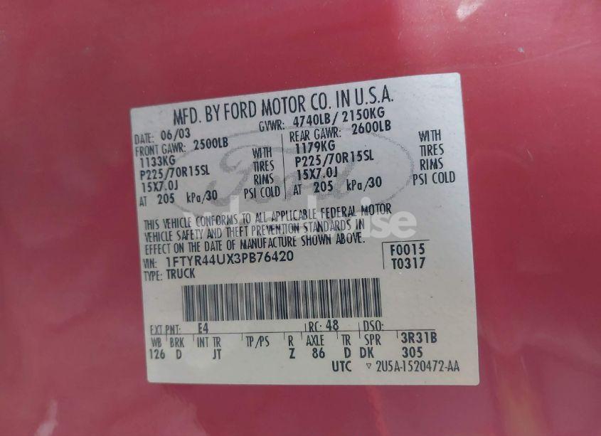 Photo 9 of 2003 Ford Ranger EDGE/TREMOR/XLT (VIN 1FTYR44UX3PB76420)