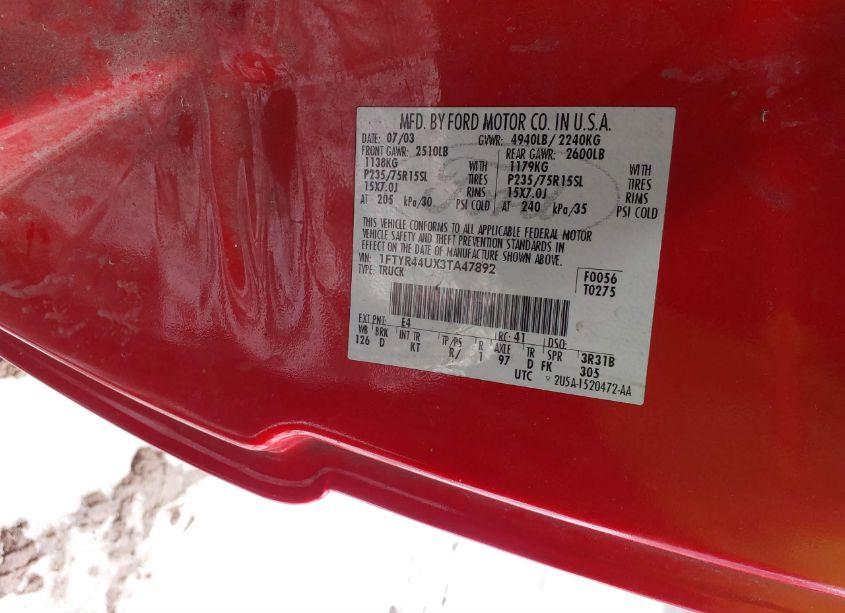 Photo 9 of 2003 Ford Ranger EDGE/TREMOR/XLT (VIN 1FTYR44UX3TA47892)