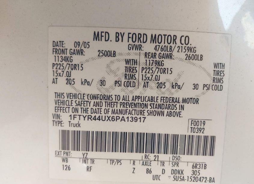 Photo 9 of 2006 Ford Ranger SPORT/STX/XLT (VIN 1FTYR44UX6PA13917)