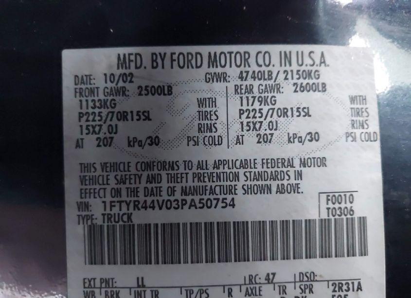 Photo 9 of 2003 Ford Ranger EDGE/TREMOR/XLT (VIN 1FTYR44V03PA50754)