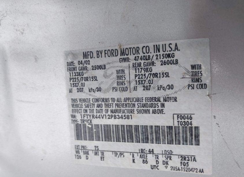 Photo 9 of 2002 Ford Ranger EDGE/TREMOR/XLT (VIN 1FTYR44V12PB34581)