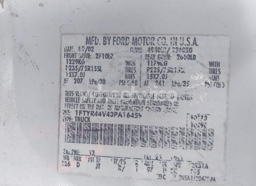 Photo 9 of 2003 Ford Ranger EDGE/TREMOR/XLT (VIN 1FTYR44V43PA16459)