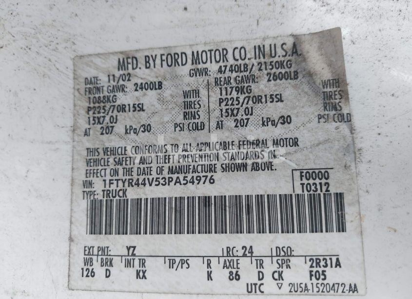 Photo 9 of 2003 Ford Ranger EDGE/TREMOR/XLT (VIN 1FTYR44V53PA54976)