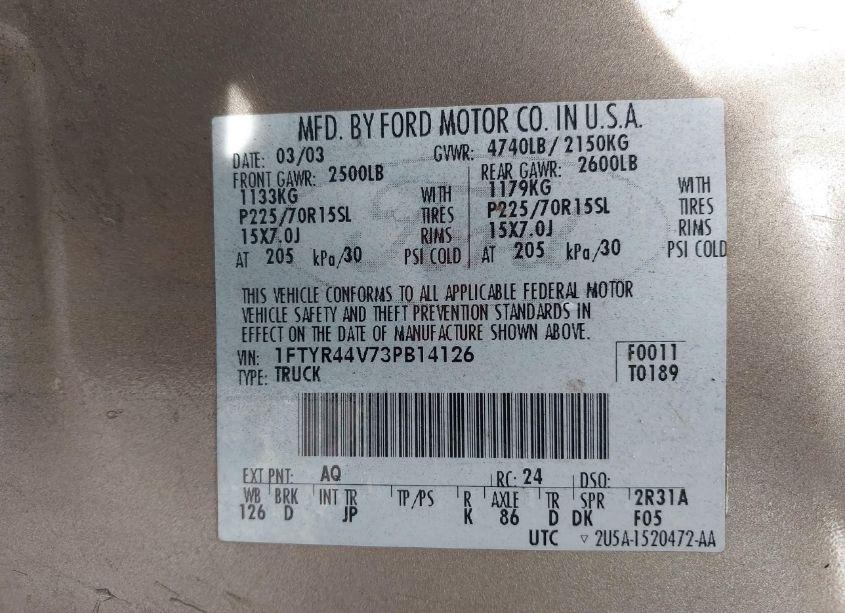 Photo 9 of 2003 Ford Ranger EDGE/TREMOR/XLT (VIN 1FTYR44V73PB14126)