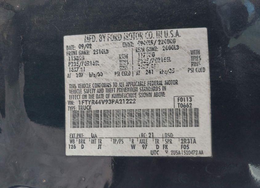 Photo 9 of 2003 Ford Ranger EDGE/TREMOR/XLT (VIN 1FTYR44V93PA21222)